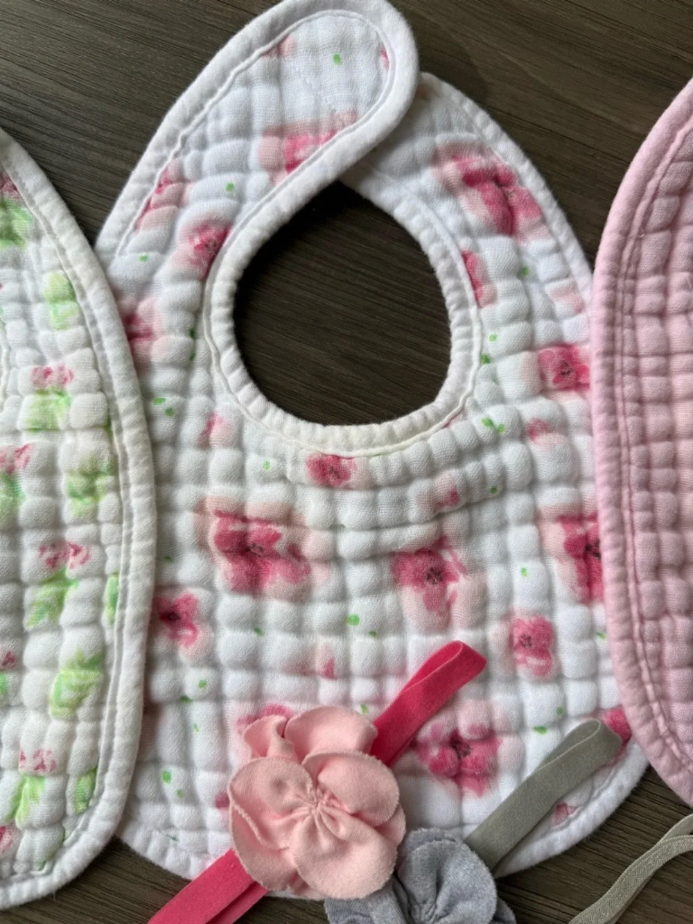 Baby Girl Quilted Bib Set with Pink and Floral Prints and 4 baby headbands